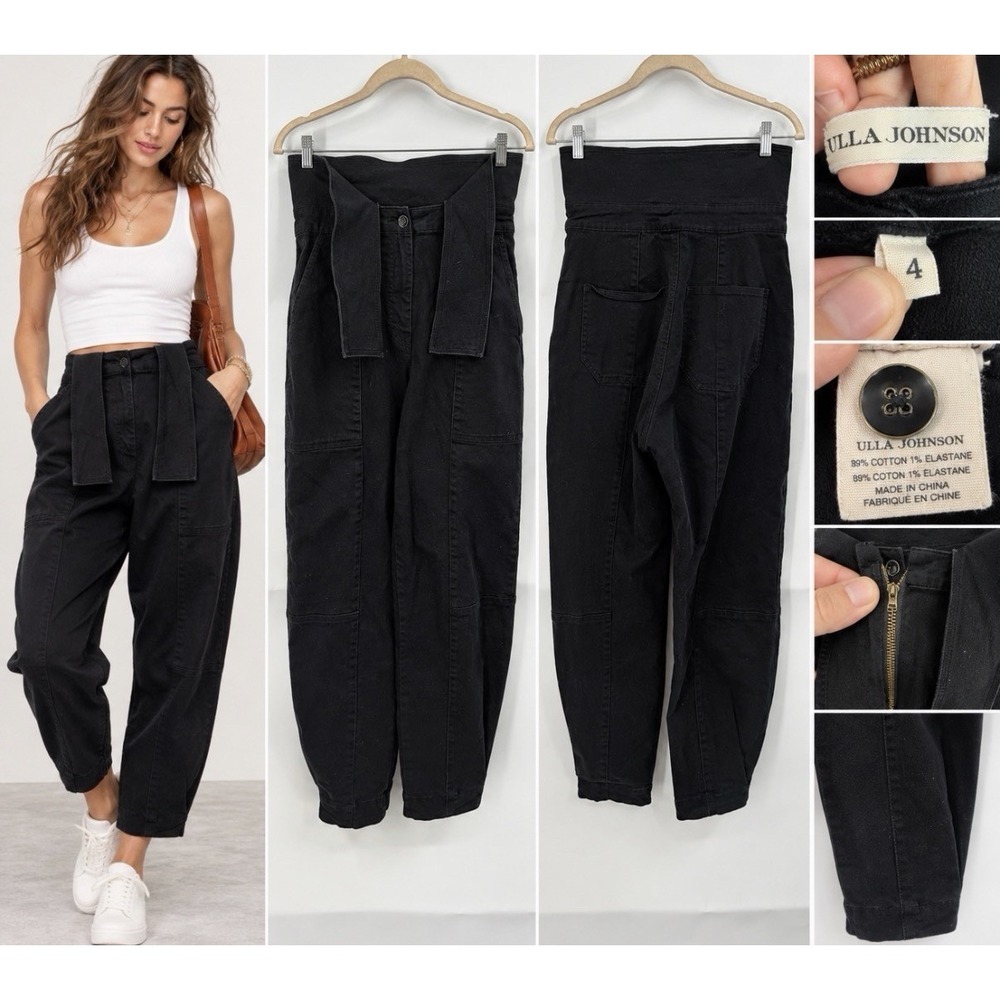 Ulla Johnson Pants 4 Black High Rise Tie Waist Utility Barrel Leg Cotton Women
